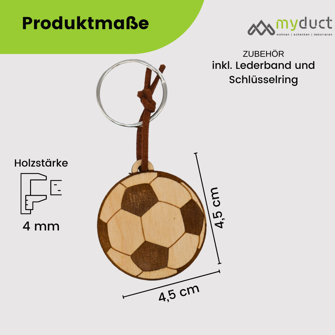 personalisierter Schlüsselanhänger aus Holz mit stabilem Lederband und Schlüsselring (Fußball)