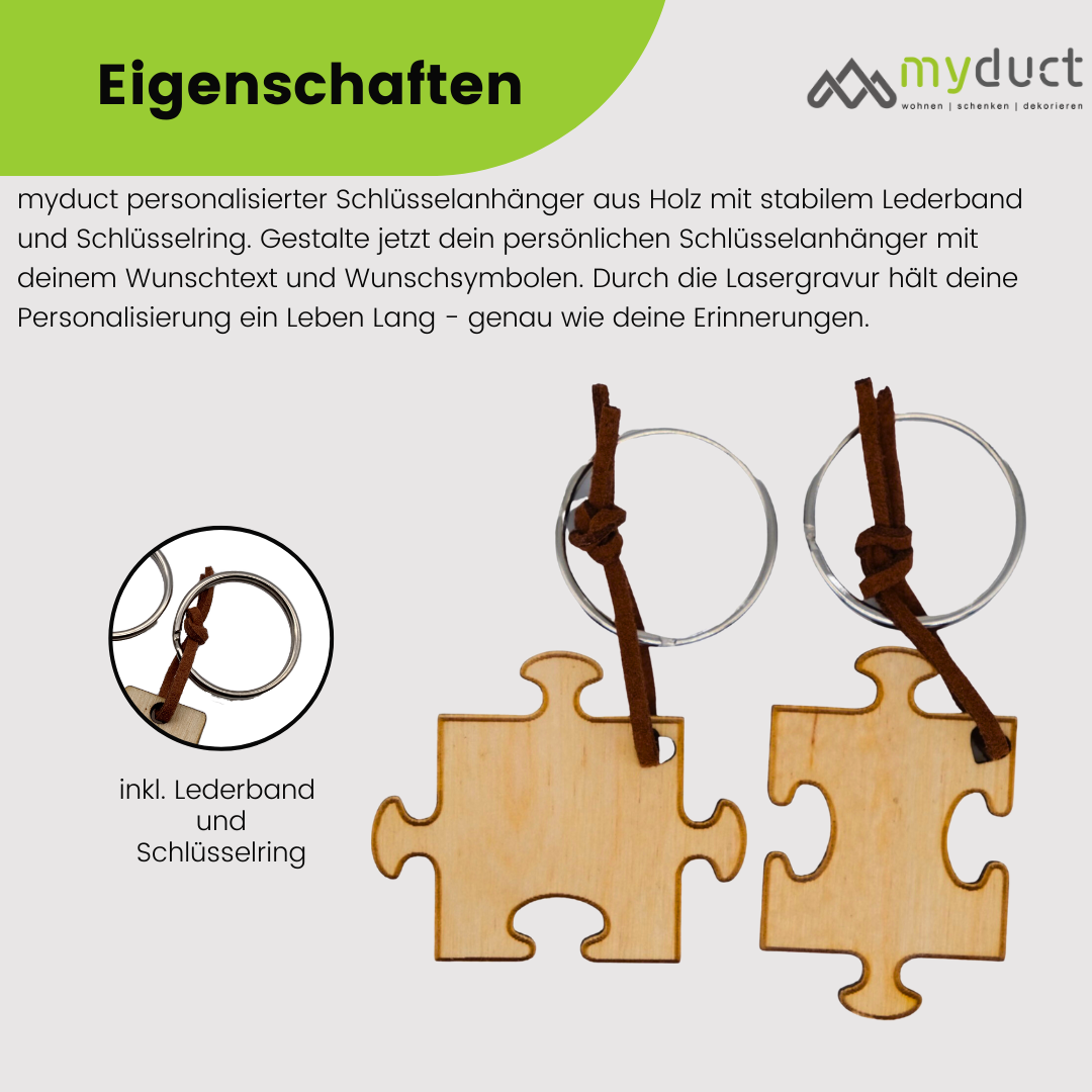 personalisierter Schlüsselanhänger aus Holz mit stabilem Lederband und Schlüsselring (Puzzel)