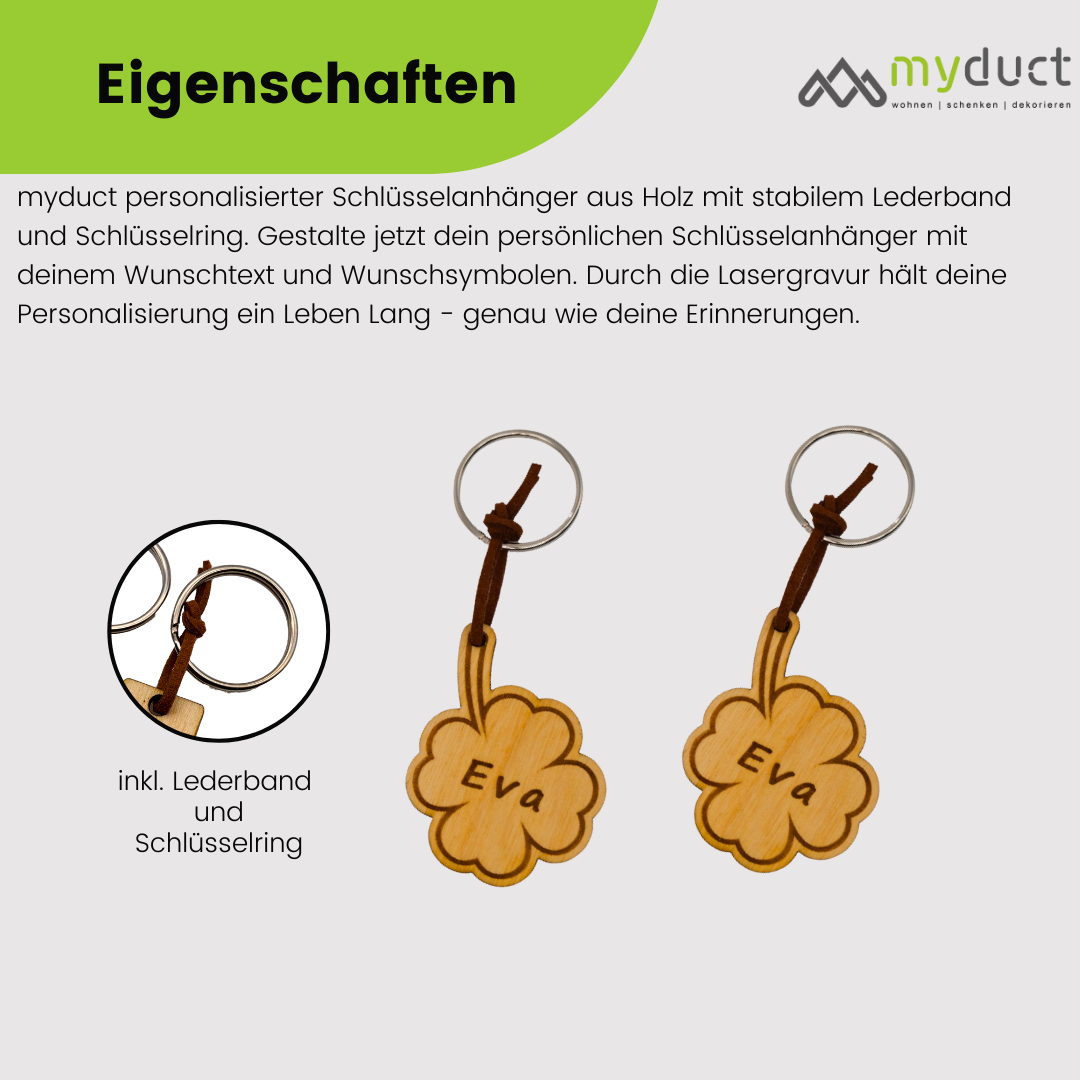 personalisierter Schlüsselanhänger aus Holz mit stabilem Lederband und Schlüsselring (Kleeblatt)