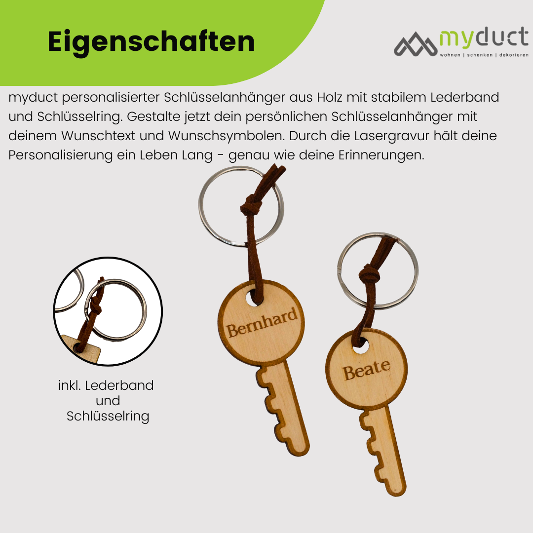 personalisierter Schlüsselanhänger aus Holz mit stabilem Lederband und Schlüsselring (Schlüssel)