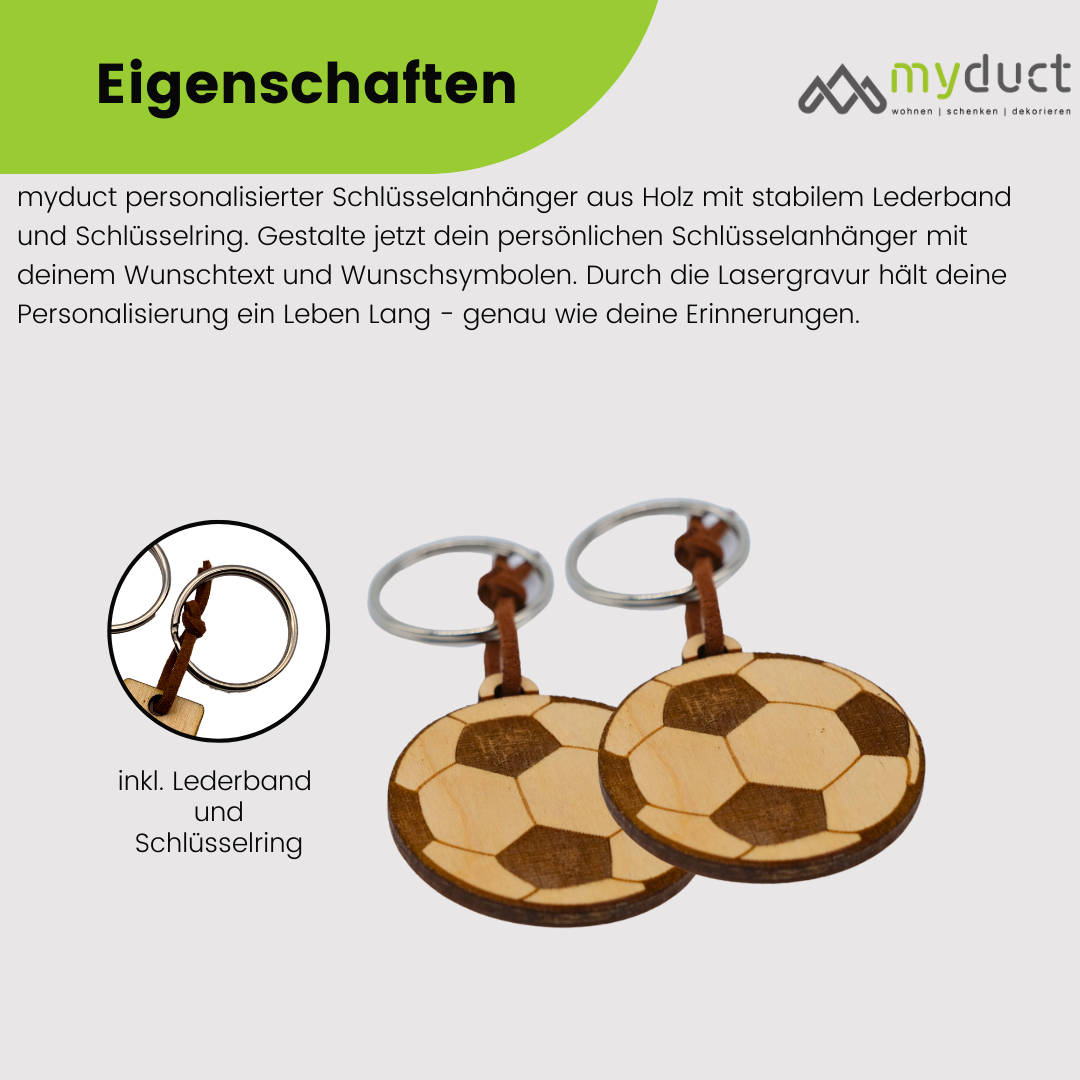 personalisierter Schlüsselanhänger aus Holz mit stabilem Lederband und Schlüsselring (Fußball)