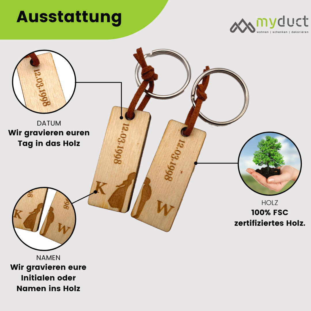 personalisierter Schlüsselanhänger aus Holz mit stabilem Lederband und Schlüsselring (Paar 1)