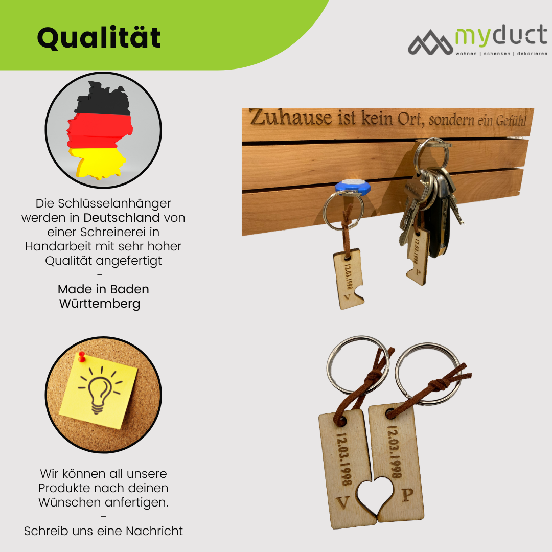 personalisierter Schlüsselanhänger aus Holz mit stabilem Lederband und